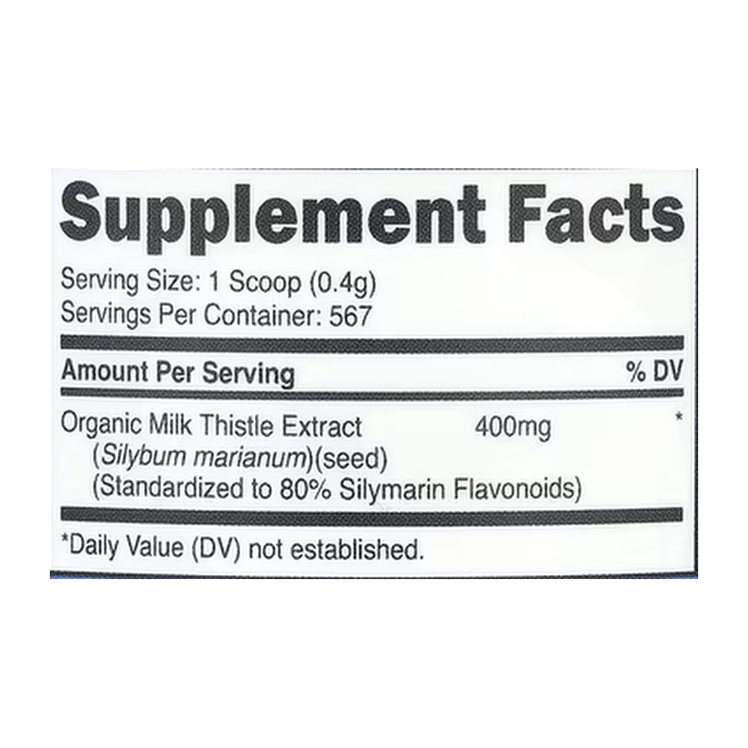 Nutricost, Organic Milk Thistle, Unflavored, 8.1 oz, 227 g supplement facts label showing ingredients, vitamins, minerals, and serving information