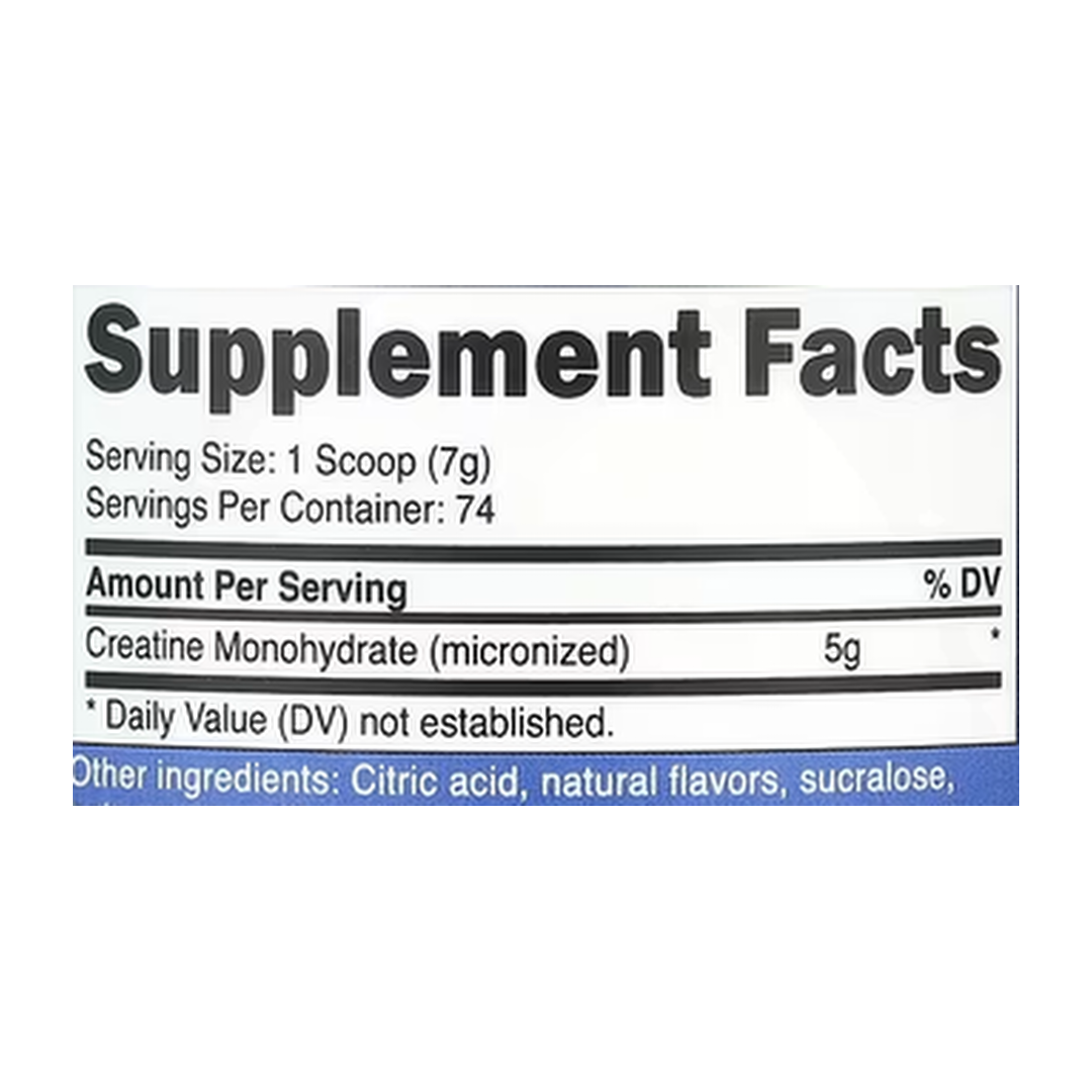 Nutricost, Performance, Creatine Monohydrate, Mandarin Orange, 1.1 lb, 500 g supplement facts label showing ingredients, vitamins, minerals, and serving information