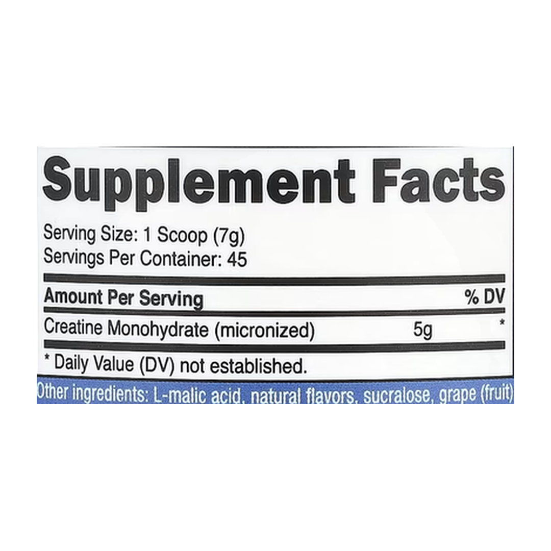 Nutricost, Performance, Creatine Monohydrate, Grape, 10.7 oz, 300 g supplement facts label showing ingredients, vitamins, minerals, and serving information