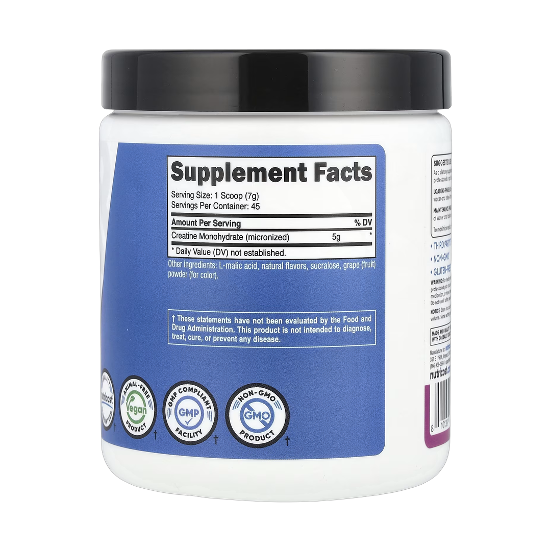 Nutricost, Performance, Creatine Monohydrate, Grape, 10.7 oz, 300 g back packaging view