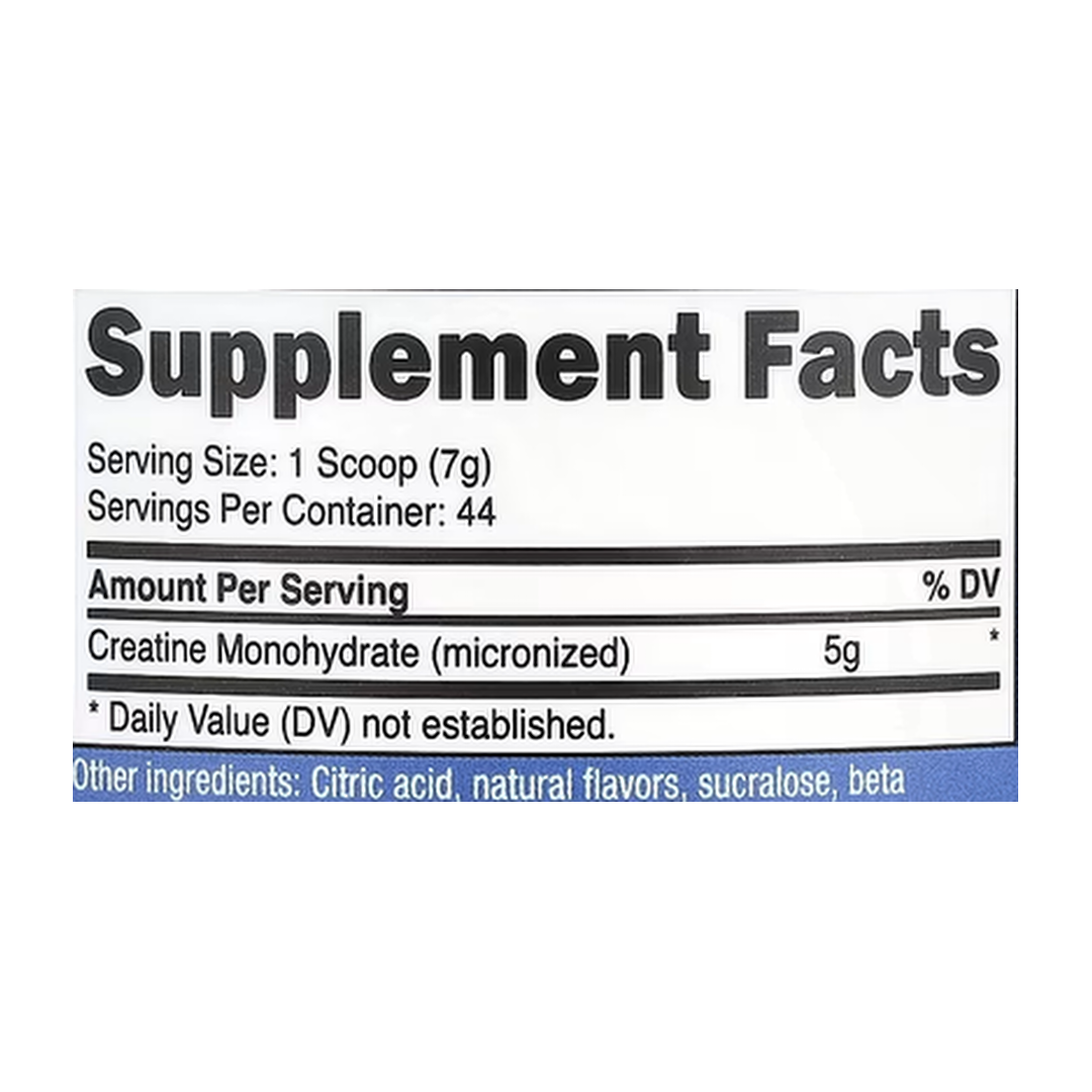 Nutricost, Performance, Creatine Monohydrate, Mandarin Orange, 10.7 oz, 300 g supplement facts label showing ingredients, vitamins, minerals, and serving information