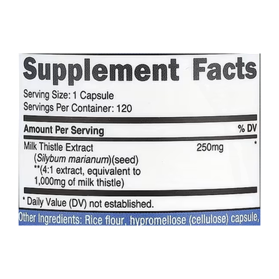 Nutricost, Milk Thistle, 1,000 mg, 120 Capsules supplement facts label showing ingredients, vitamins, minerals, and serving information