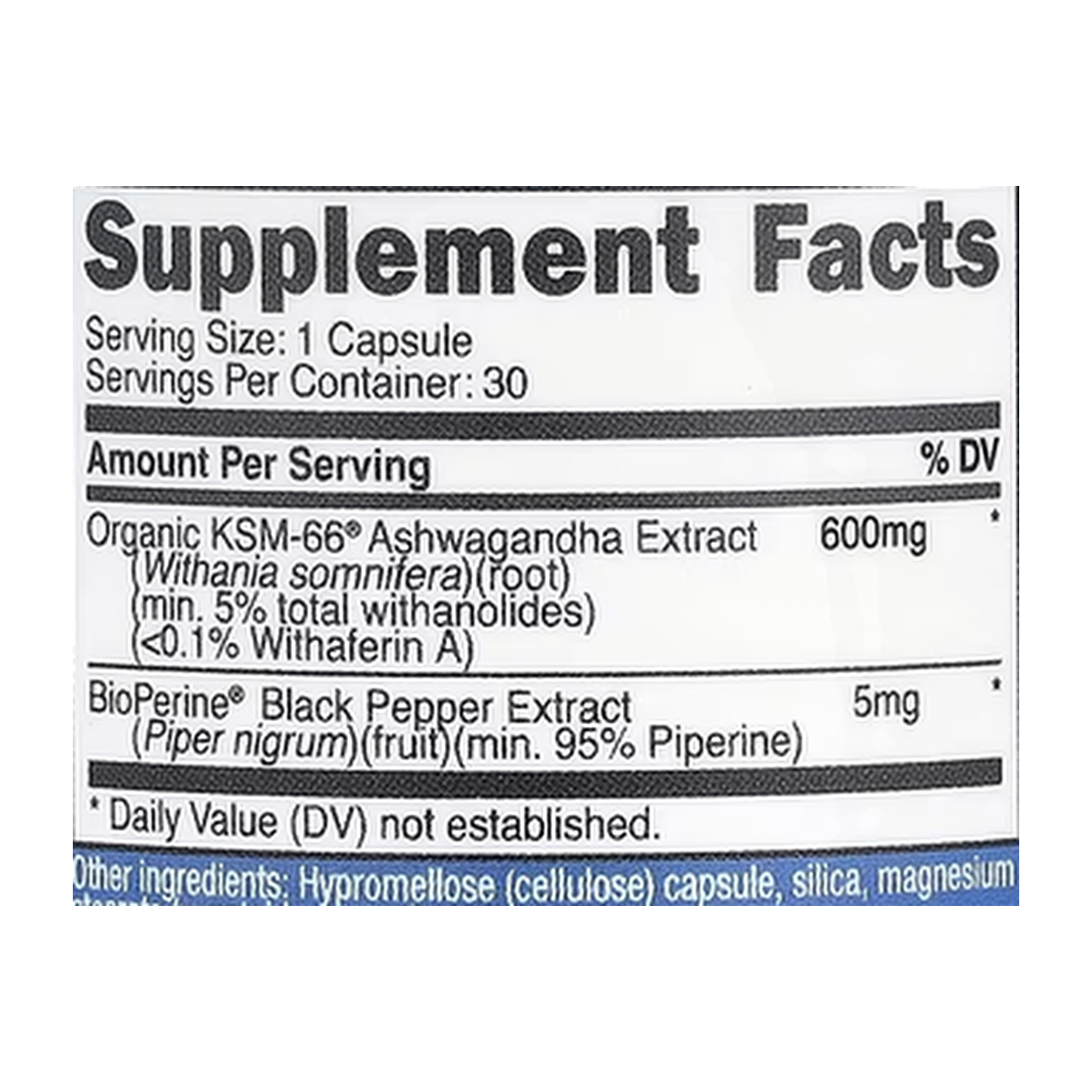 Nutricost, KSM-66, Ashwagandha Root Extract, 600 mg, 30 Capsules supplement facts label showing ingredients, vitamins, minerals, and serving information
