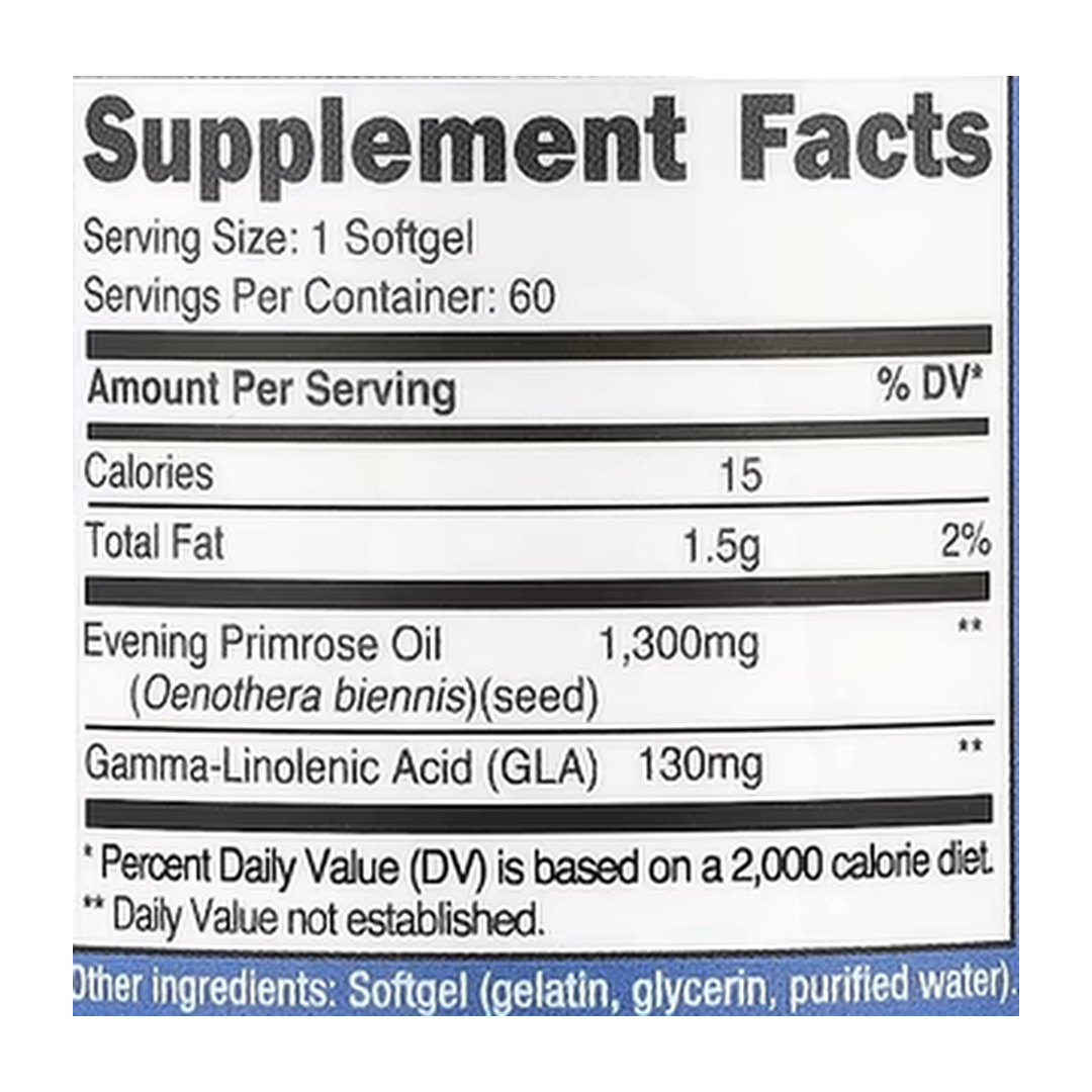 Nutricost, Evening Primrose Oil, 1,300 mg, 60 Softgels supplement facts label showing ingredients, vitamins, minerals, and serving information