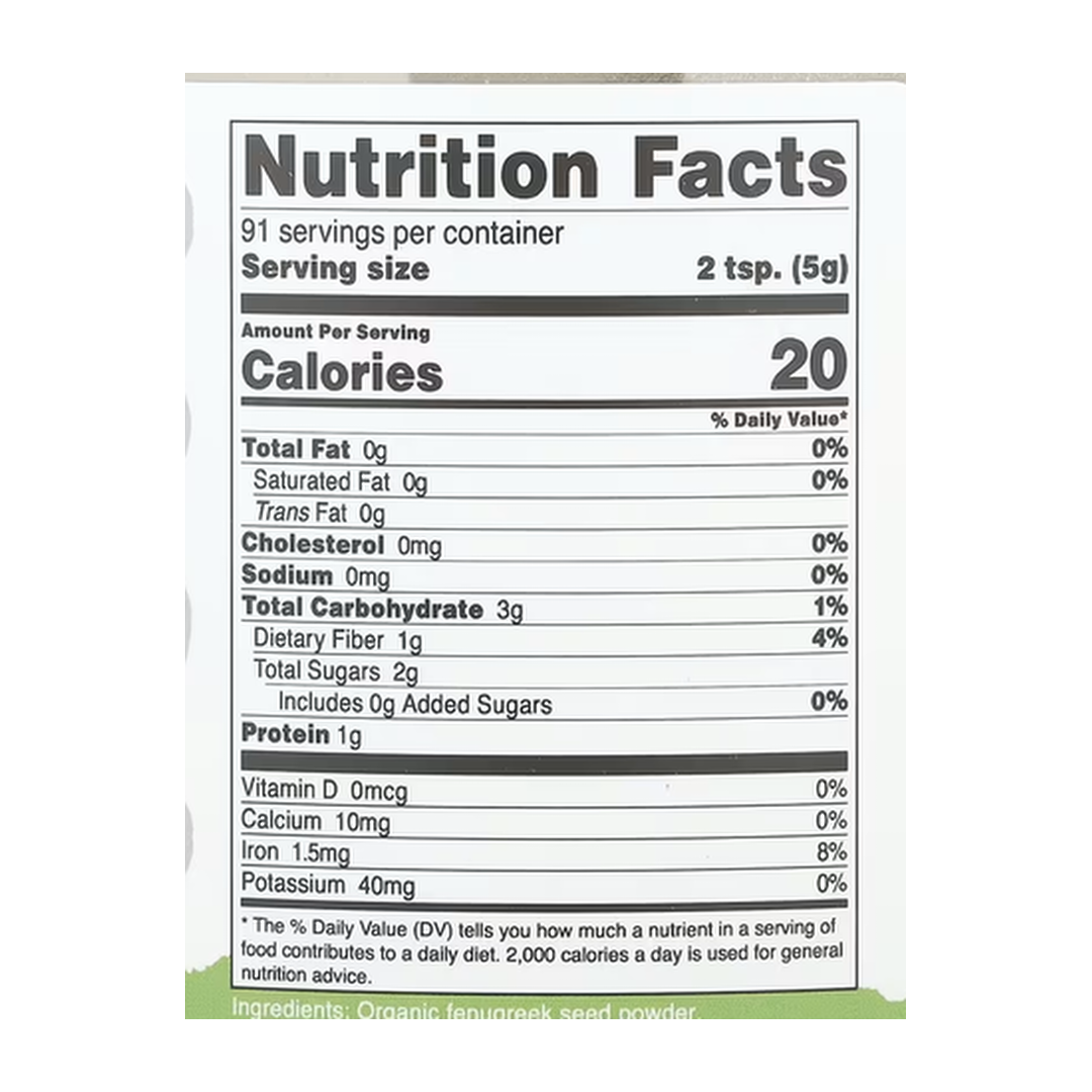 Nutricost, Pantry, Organic Fenugreek Powder, Unflavored , 16.2 oz, 454 g supplement facts label showing ingredients, vitamins, minerals, and serving information