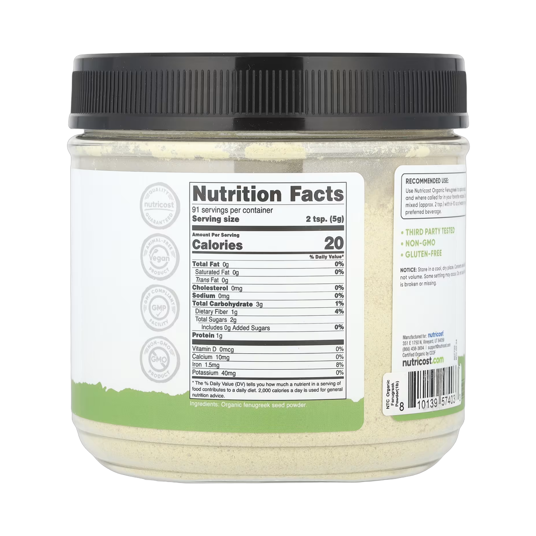 Nutricost, Pantry, Organic Fenugreek Powder, Unflavored , 16.2 oz, 454 g back packaging view