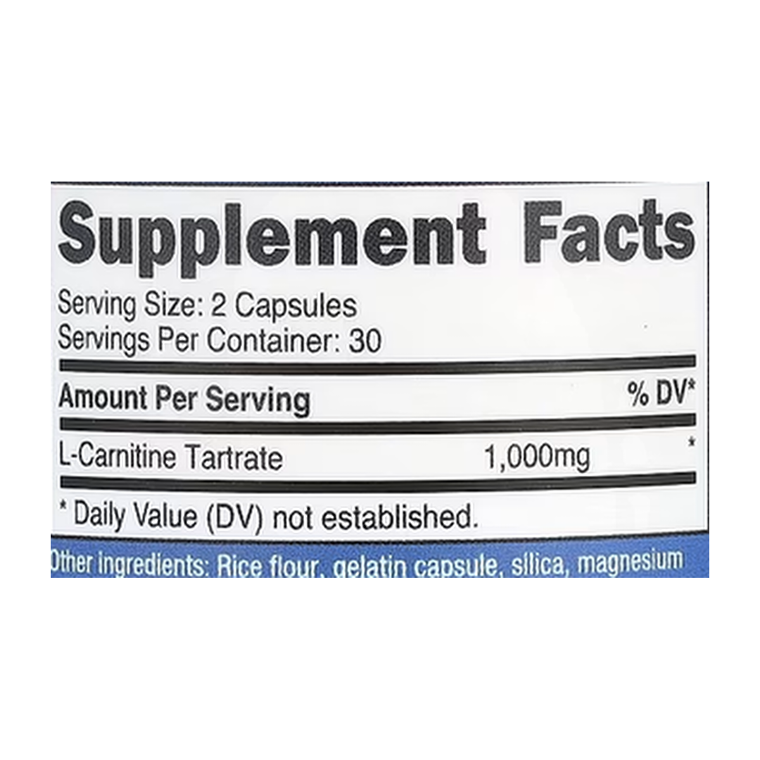 Nutricost, L-Carnitine Tartrate, 60 Capsules supplement facts label showing ingredients, vitamins, minerals, and serving information