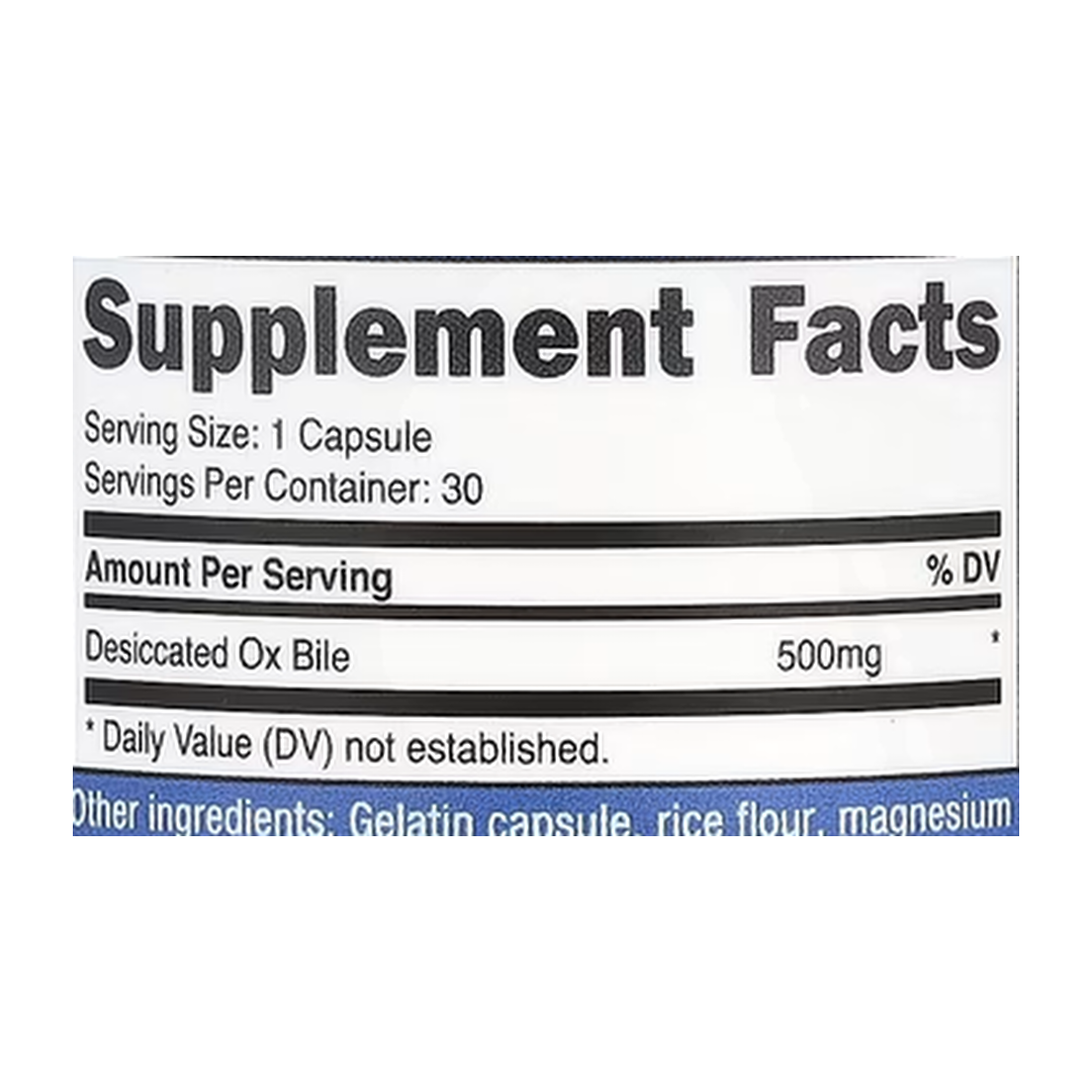 Nutricost, Ox Bile, 500 mg, 30 Capsules supplement facts label showing ingredients, vitamins, minerals, and serving information