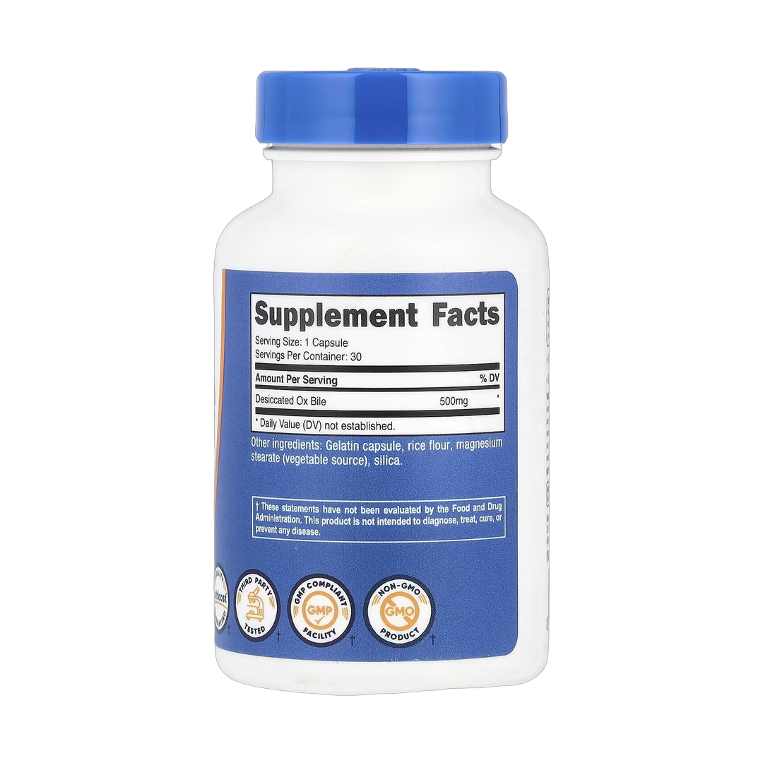 Nutricost, Ox Bile, 500 mg, 30 Capsules back packaging view