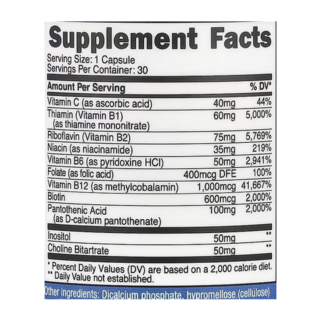 Nutricost, Vitamin B Complex, 30 Capsules supplement facts label showing ingredients, vitamins, minerals, and serving information