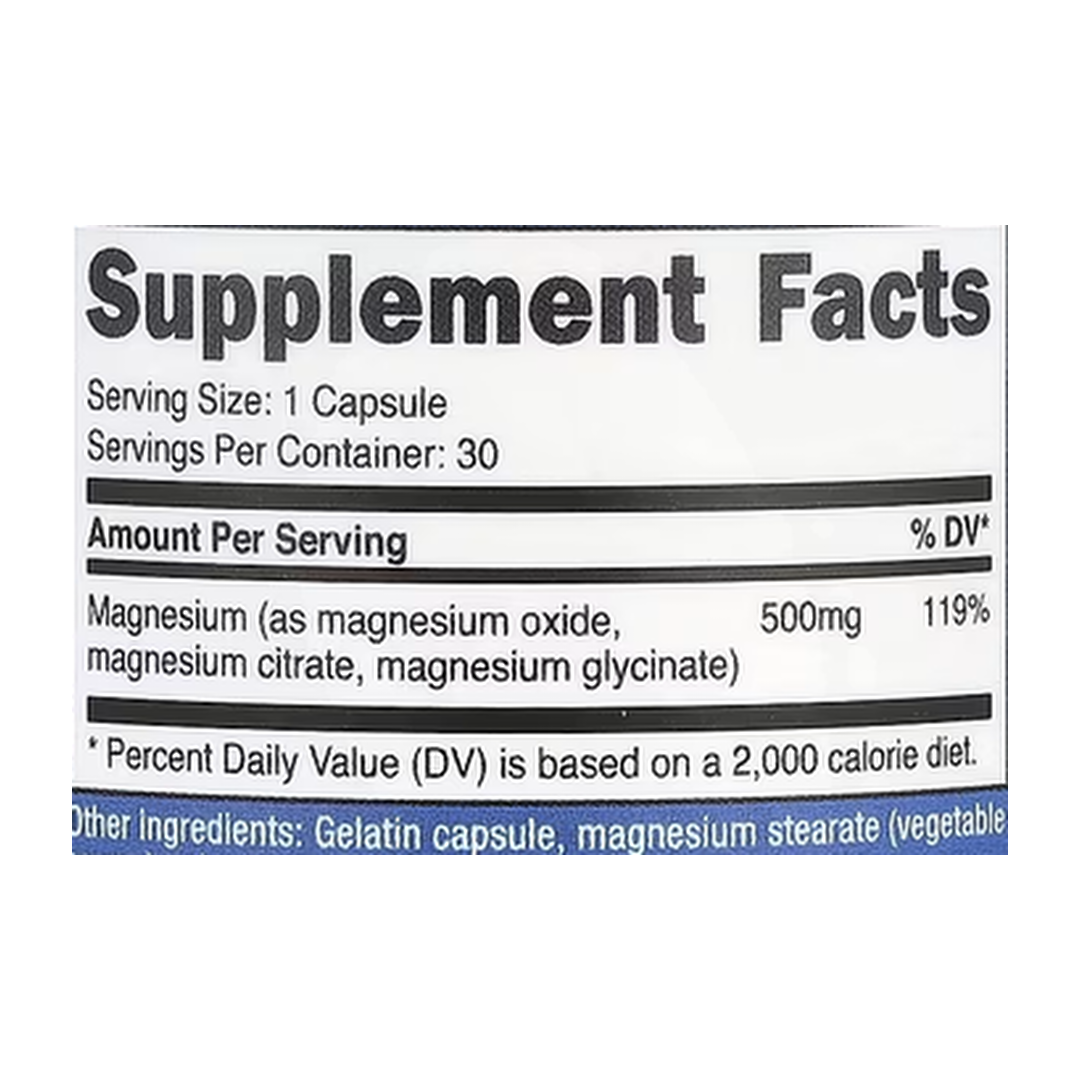 Nutricost, Magnesium Complex, 500 mg, 30 Capsules supplement facts label showing ingredients, vitamins, minerals, and serving information