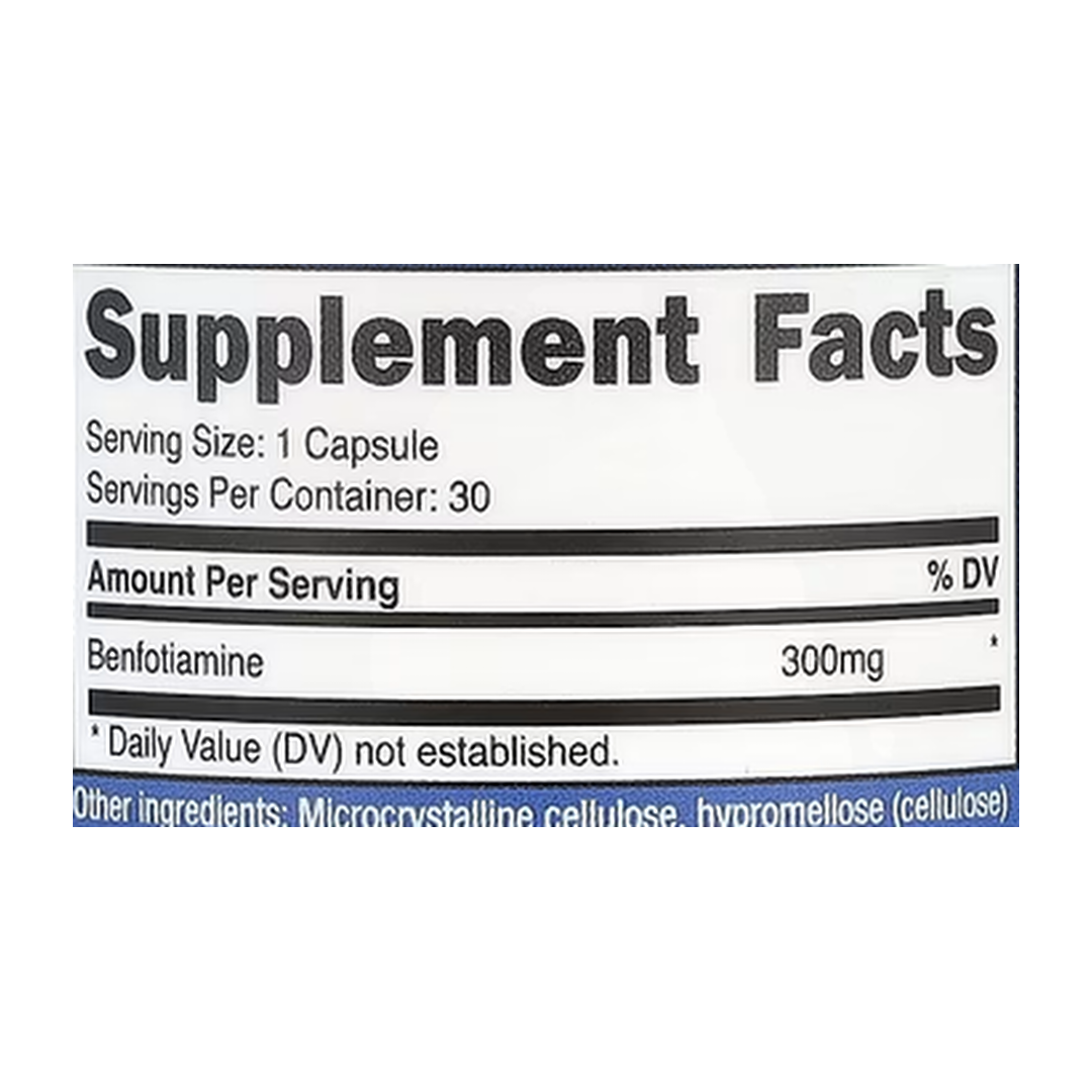 Nutricost, Benfotiamine, 300 mg, 30 Capsules supplement facts label showing ingredients, vitamins, minerals, and serving information
