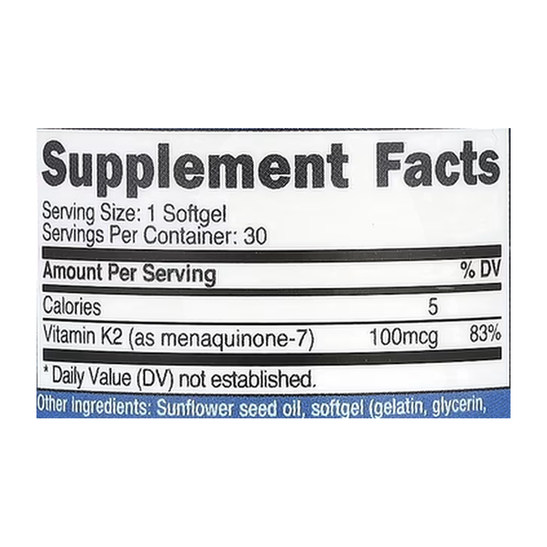 Nutricost, Vitamin K2 MK-7, 100 mcg, 30 Softgels supplement facts label showing ingredients, vitamins, minerals, and serving information