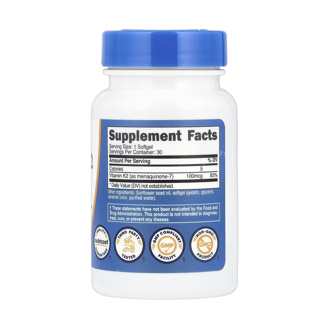 Nutricost, Vitamin K2 MK-7, 100 mcg, 30 Softgels back packaging view