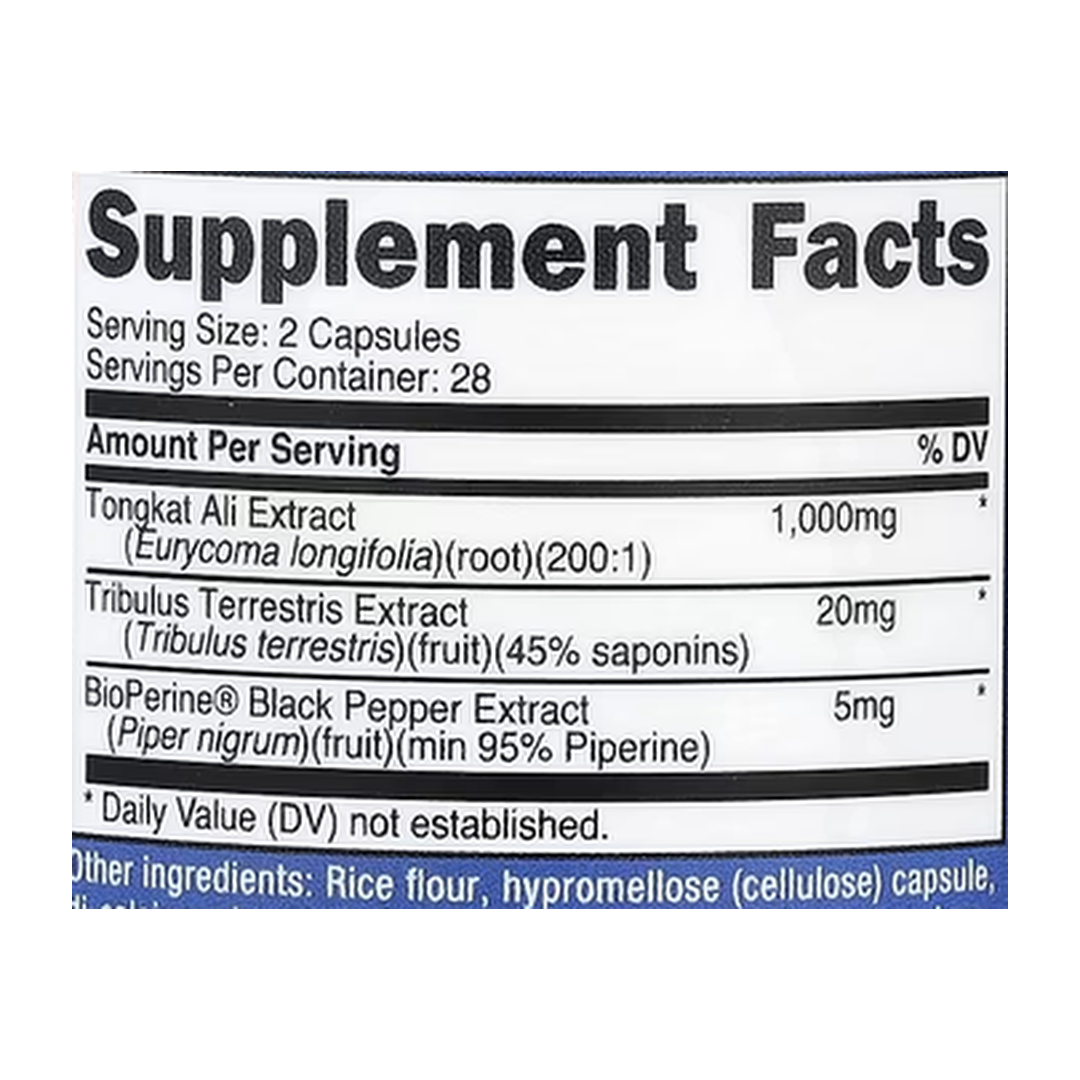 Nutricost, Tongkat Ali, 56 Capsules supplement facts label showing ingredients, vitamins, minerals, and serving information