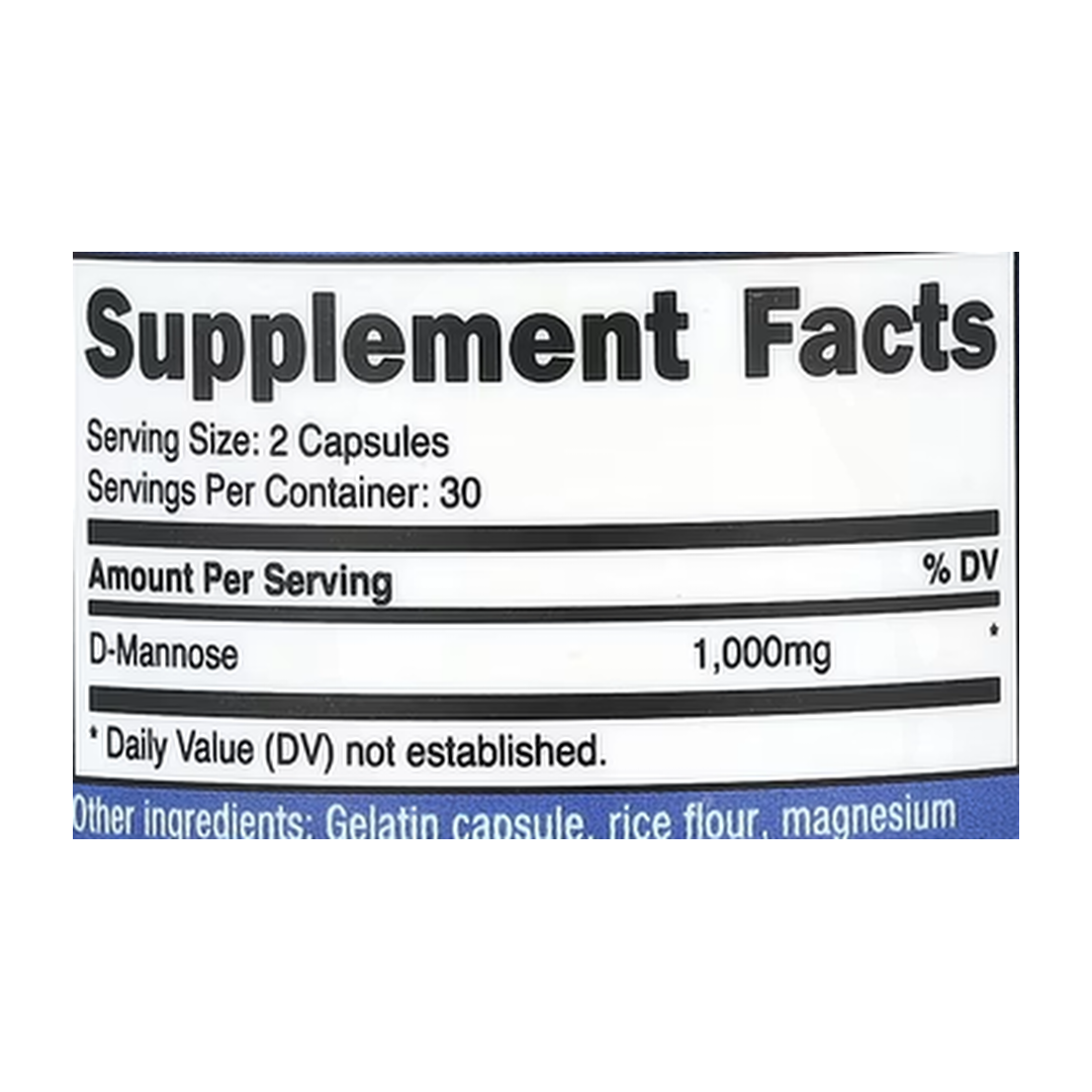 Nutricost, D-Mannose, 60 Capsules supplement facts label showing ingredients, vitamins, minerals, and serving information