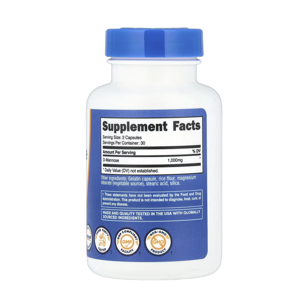 Nutricost, D-Mannose, 60 Capsules back packaging view
