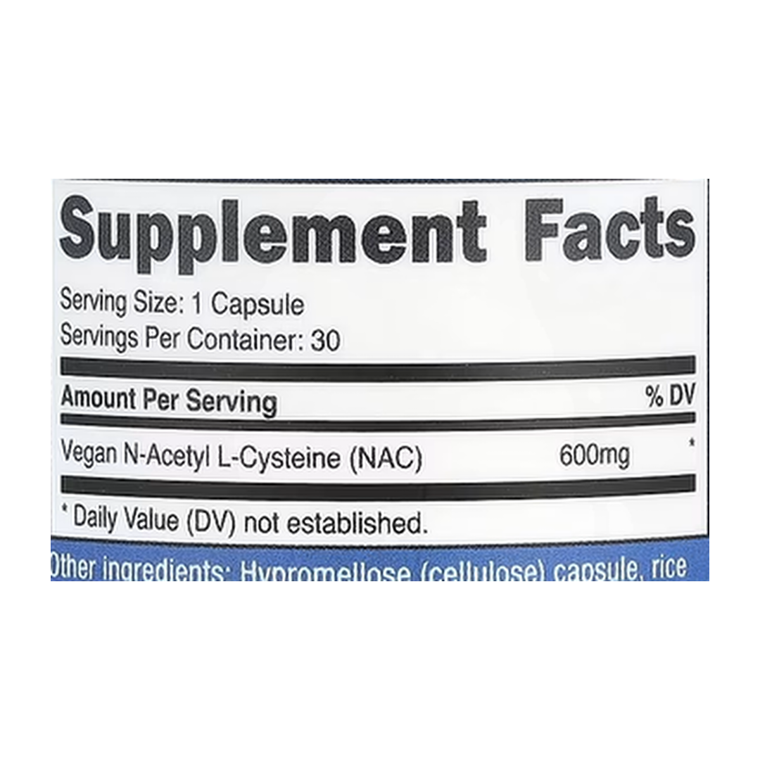 Nutricost, NAC, 600 mg, 30 Capsules supplement facts label showing ingredients, vitamins, minerals, and serving information