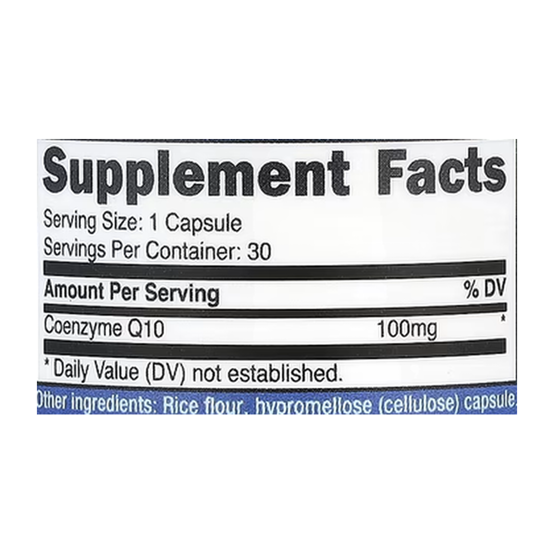 Nutricost, CoQ10, 100 mg, 30 Capsules supplement facts label showing ingredients, vitamins, minerals, and serving information