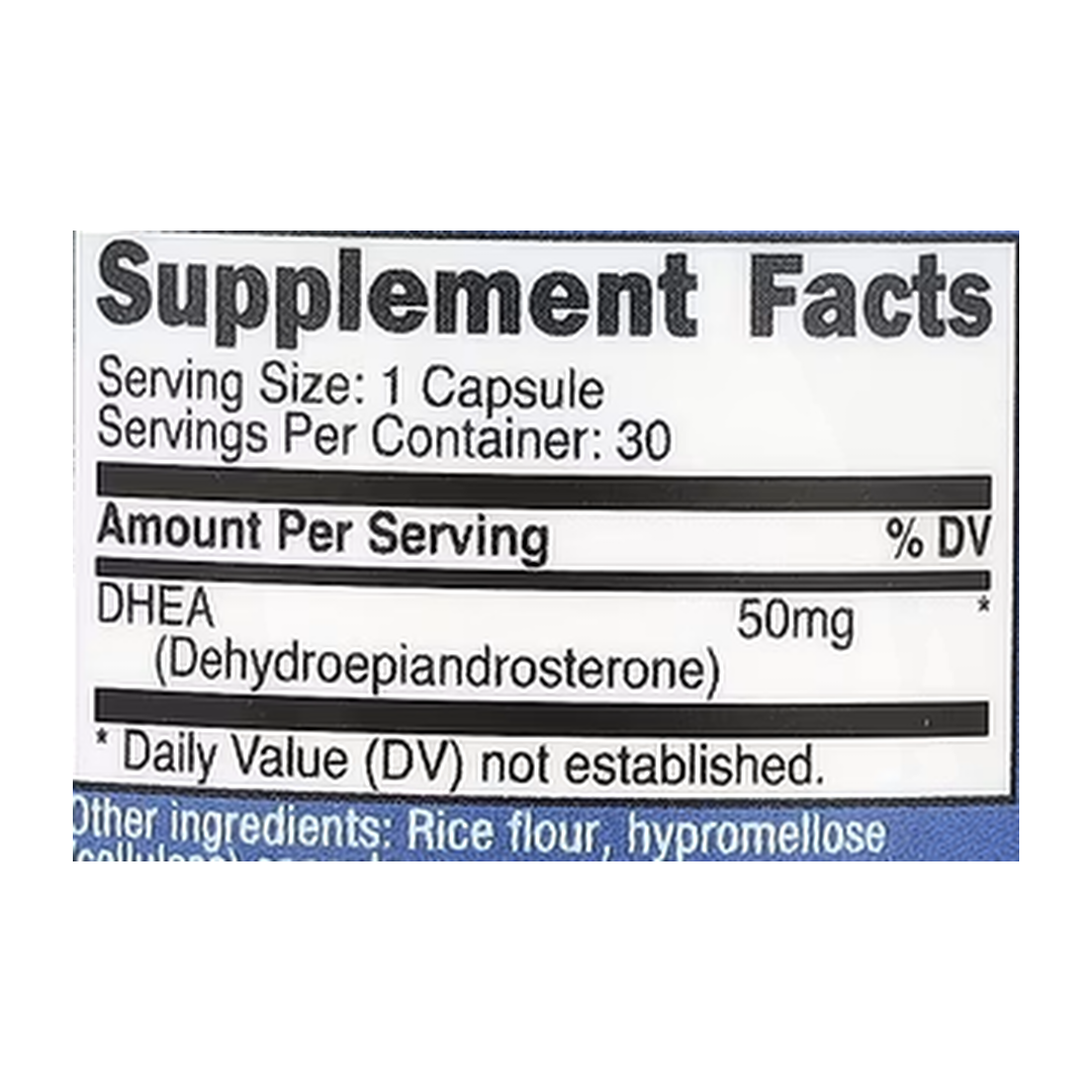 Nutricost, DHEA, 50 mg, 30 Capsules supplement facts label showing ingredients, vitamins, minerals, and serving information