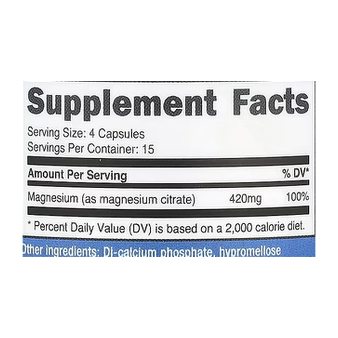 Nutricost, Magnesium Citrate, 60 Capsules supplement facts label showing ingredients, vitamins, minerals, and serving information