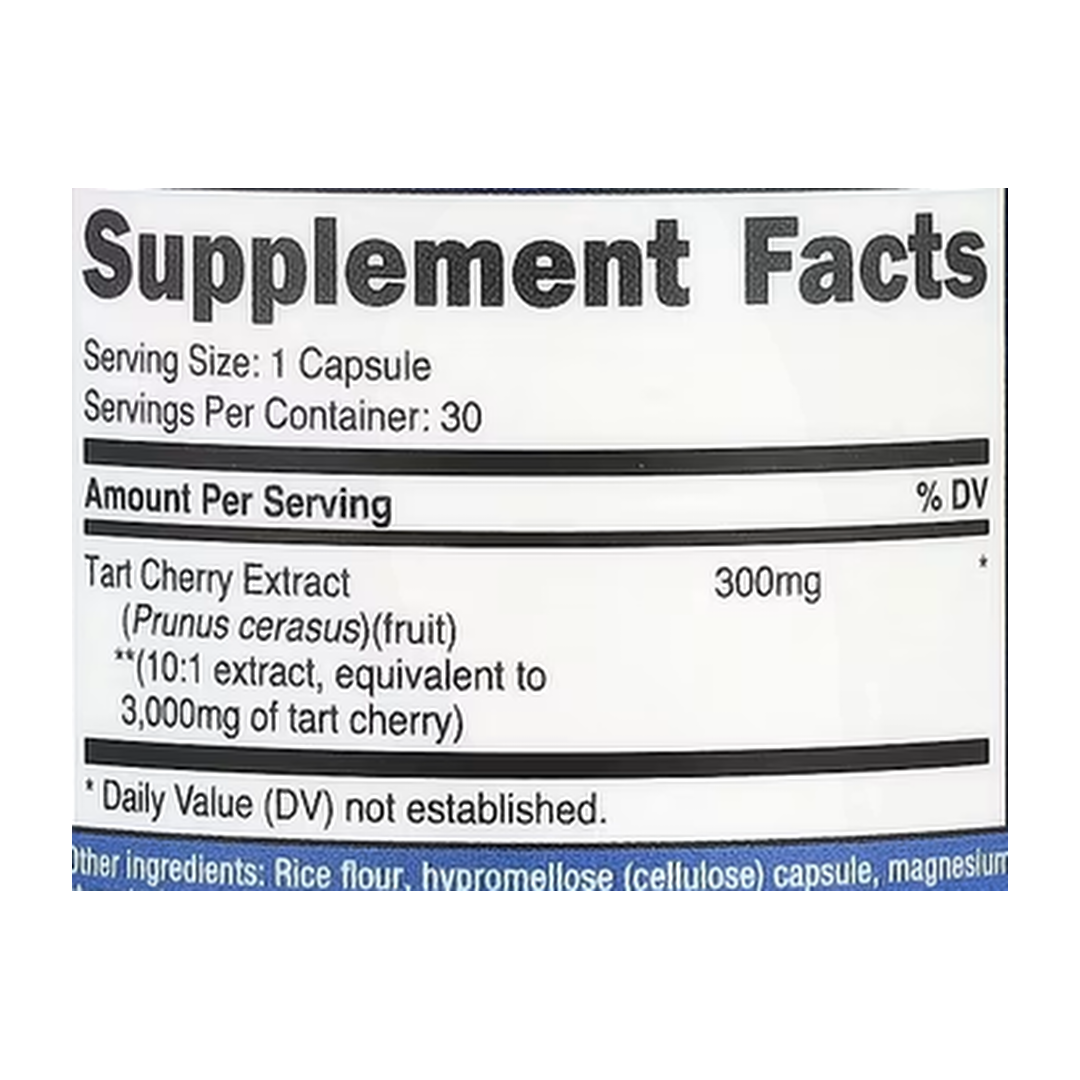 Nutricost, Tart Cherry, 3,000 mg, 30 Capsules supplement facts label showing ingredients, vitamins, minerals, and serving information