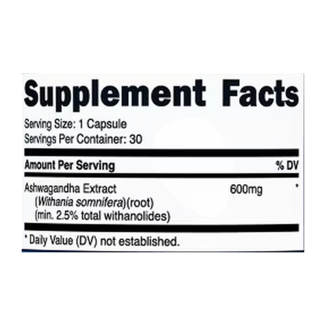 Nutricost, Ashwagandha Root, 600 Mg, 30 Capsules supplement facts label showing ingredients, vitamins, minerals, and serving information
