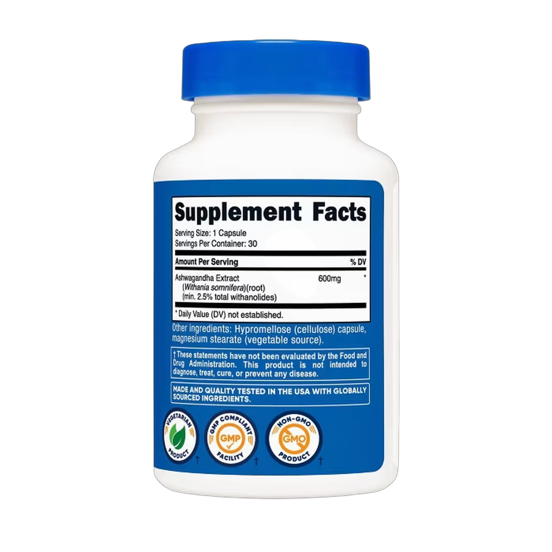 Nutricost, Ashwagandha Root, 600 Mg, 30 Capsules back packaging view