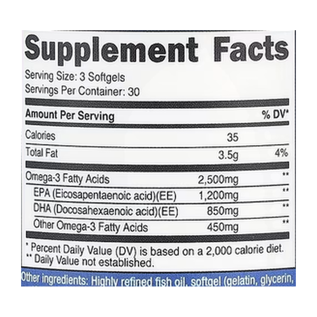 Nutricost, Omega-3, 90 Softgels supplement facts label showing ingredients, vitamins, minerals, and serving information