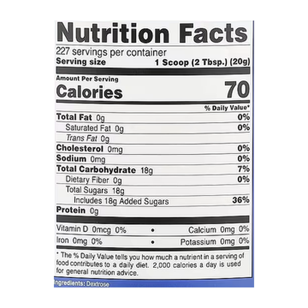 Nutricost, Dextrose, Unflavored, 10 lb, 4,536 g supplement facts label showing ingredients, vitamins, minerals, and serving information