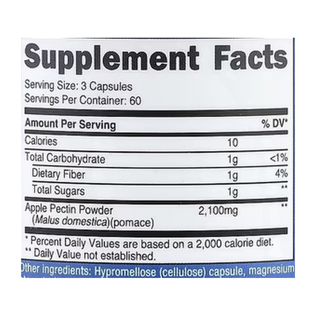 Nutricost, Apple Pectin, 180 Capsules supplement facts label showing ingredients, vitamins, minerals, and serving information
