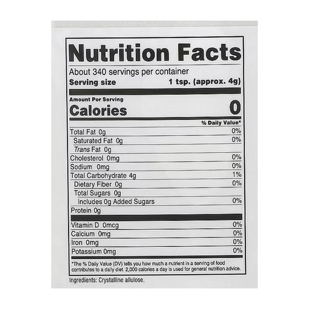 Nutricost, Pantry, Allulose, 3 lb (1,361 g) supplement facts label showing ingredients, vitamins, minerals, and serving information