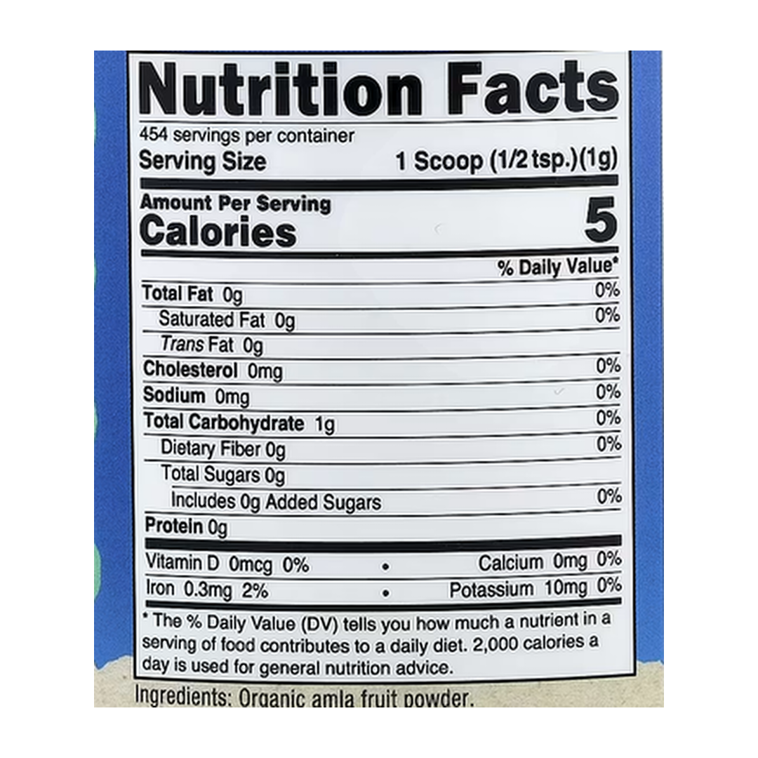 Nutricost, Organic Amla, Unflavored, 16.2 oz, 454 g supplement facts label showing ingredients, vitamins, minerals, and serving information