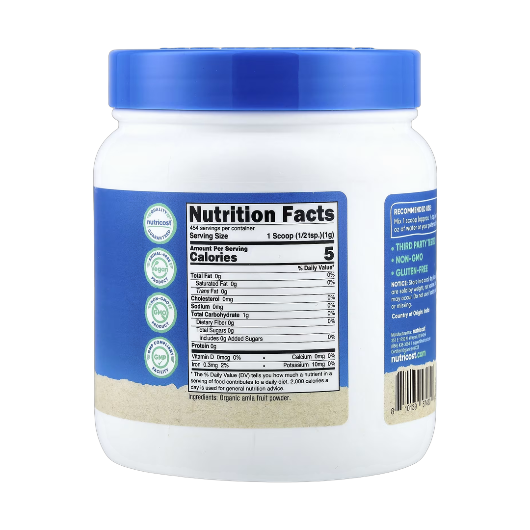Nutricost, Organic Amla, Unflavored, 16.2 oz, 454 g back packaging view