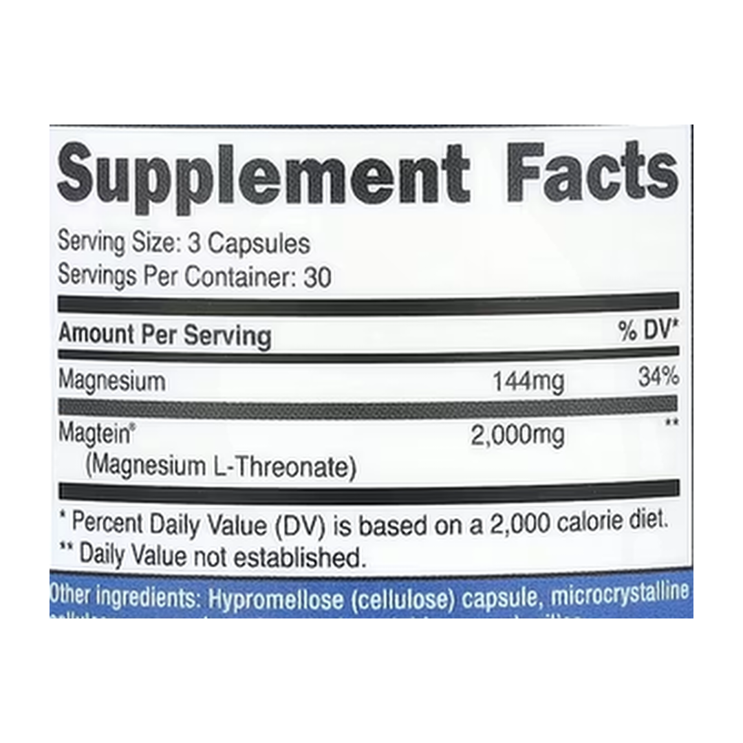 Nutricost, Magtein®, Magnesium L-Threonate, 90 Capsules supplement facts label showing ingredients, vitamins, minerals, and serving information