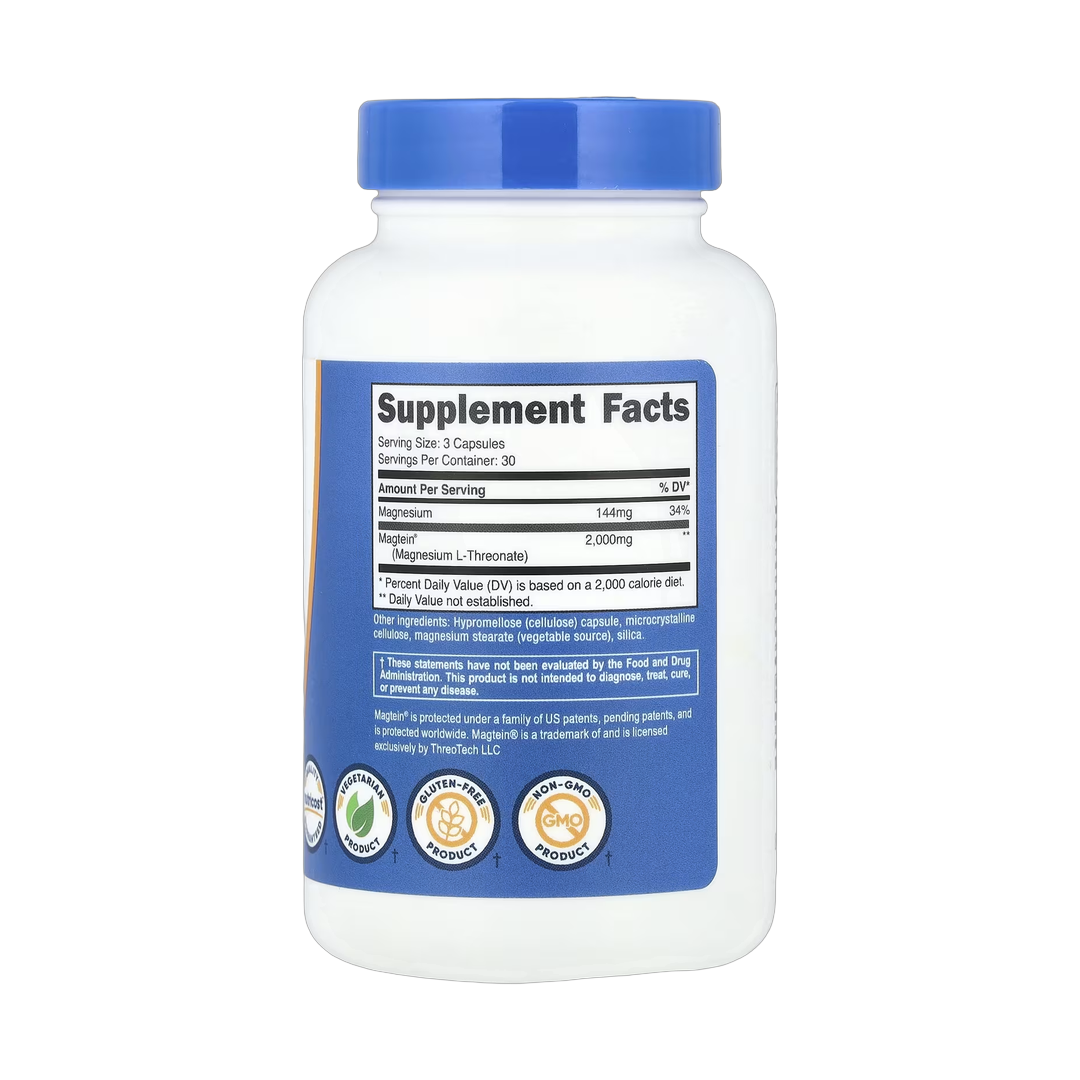 Nutricost, Magtein, Magnesium L-Threonate, 90 Capsules back packaging view