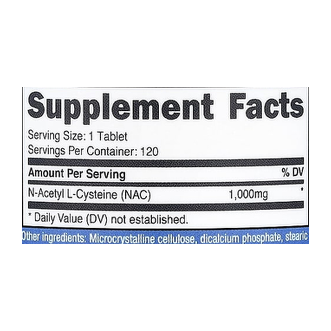 Nutricost, NAC, 1,000 mg, 120 Tablets supplement facts label showing ingredients, vitamins, minerals, and serving information