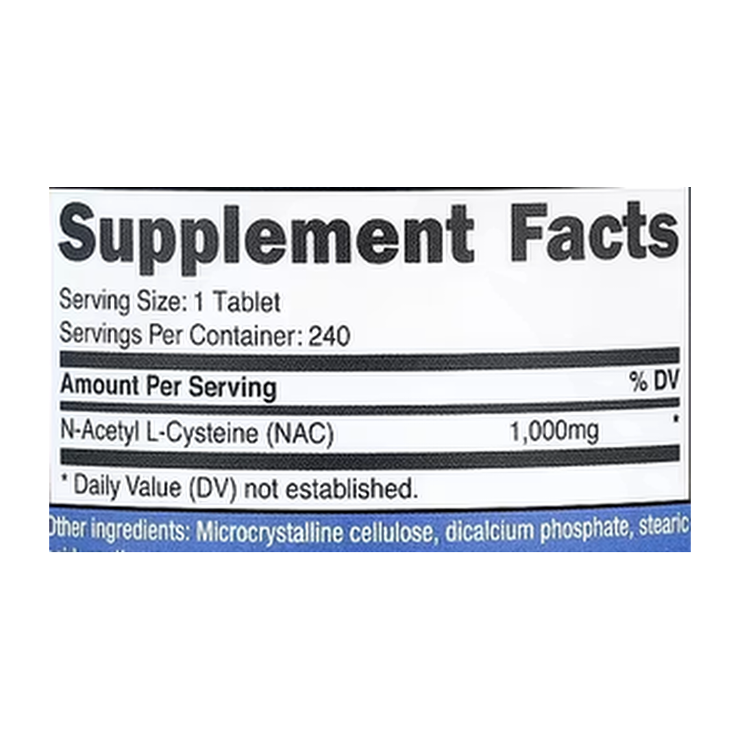 Nutricost, NAC, 1,000 mg, 240 Tablets supplement facts label showing ingredients, vitamins, minerals, and serving information