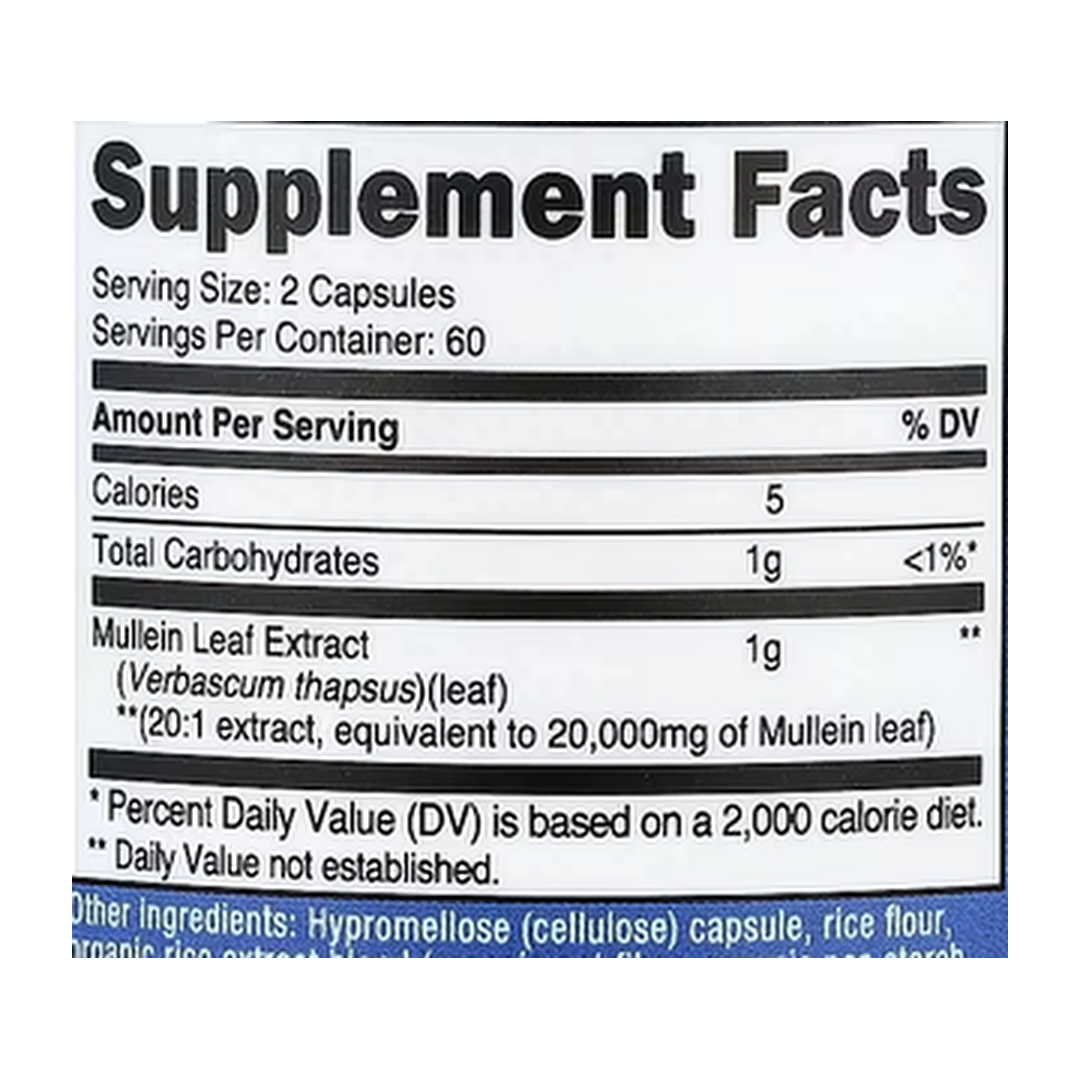 Nutricost, Mullein Leaf, 120 Capsules supplement facts label showing ingredients, vitamins, minerals, and serving information