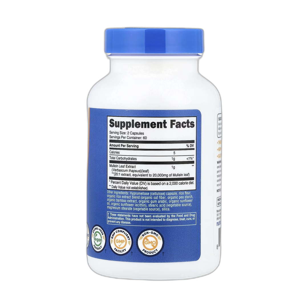 Nutricost, Mullein Leaf, 120 Capsules back packaging view