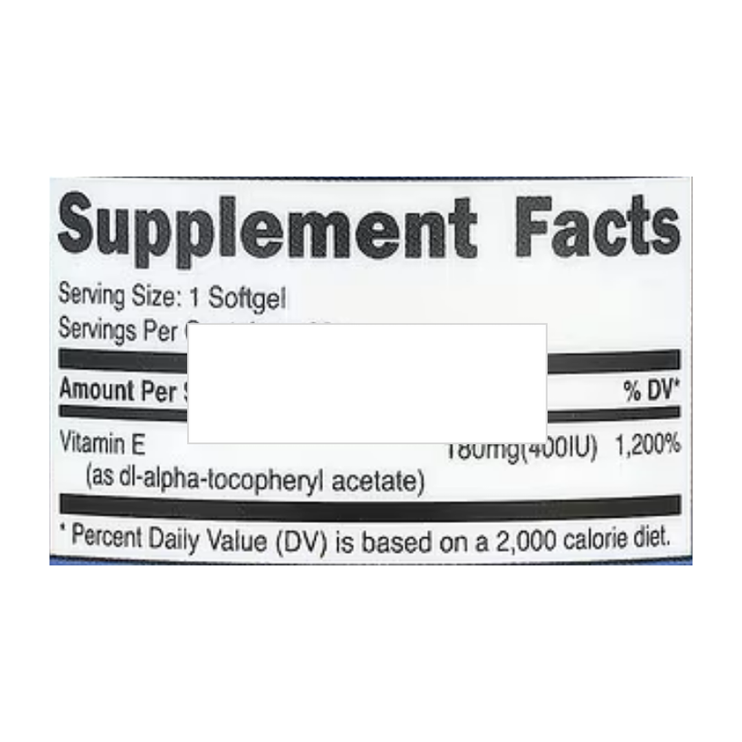 Nutricost, Vitamin E, 180 mg (400 IU), 30 Softgels supplement facts label showing ingredients, vitamins, minerals, and serving information