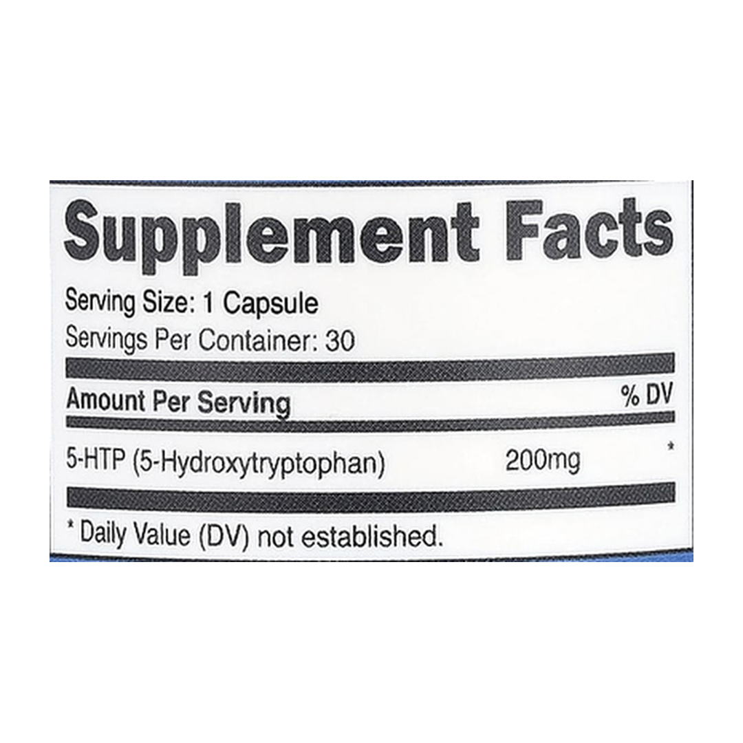 Nutricost, 5-HTP, 200 mg, 30 Capsules supplement facts label showing ingredients, vitamins, minerals, and serving information