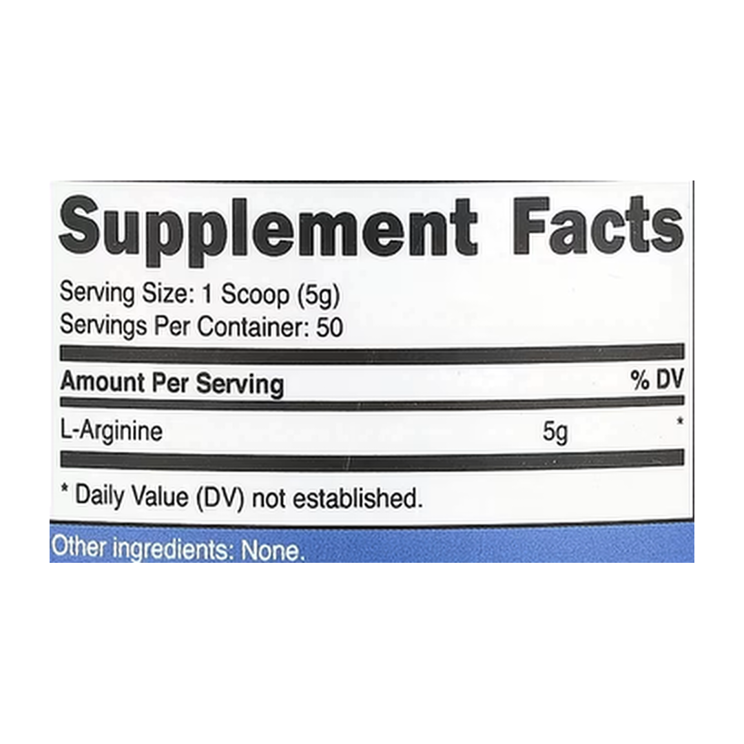 Nutricost, L-Arginine, Unflavored, 8.9 oz, 250 g supplement facts label showing ingredients, vitamins, minerals, and serving information