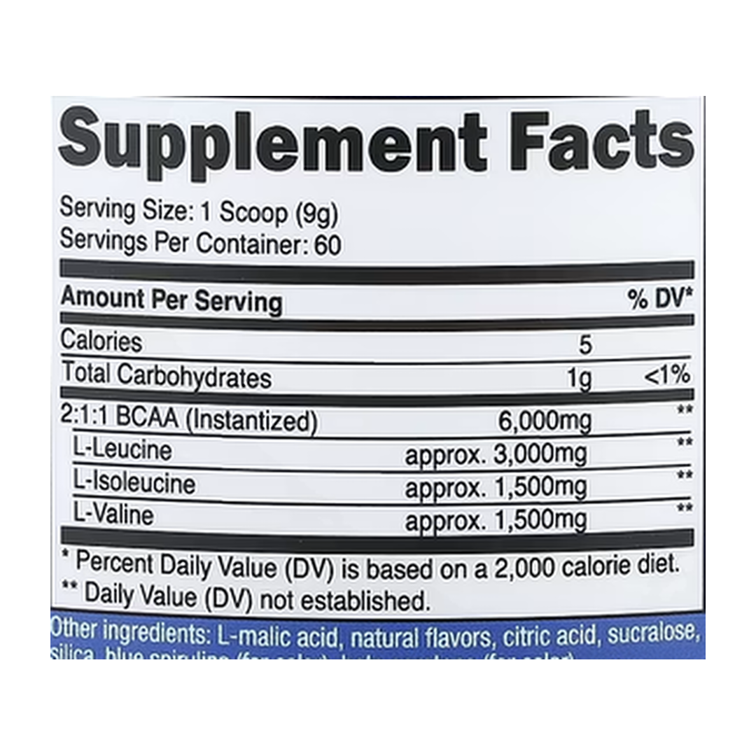 Nutricost, Performance, BCAA, Green Apple , 1.2 lb, 540 g supplement facts label showing ingredients, vitamins, minerals, and serving information