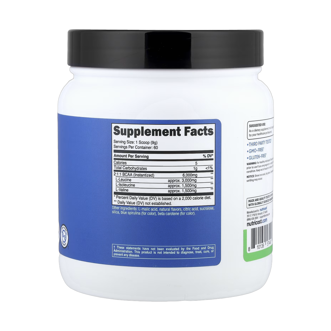 Nutricost, Performance, BCAA, Green Apple , 1.2 lb, 540 g back packaging view