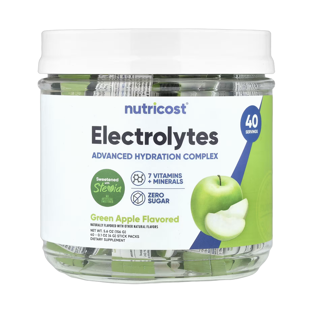 Nutricost, Electrolytes, Advanced Hydration Complex, Green Apple , 40 Stick Packs, 0.1 oz, (4 g) Each front packaging view