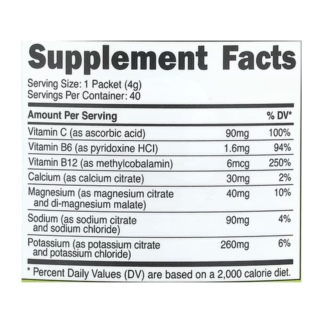 Nutricost, Electrolytes, Advanced Hydration Complex, Green Apple , 40 Stick Packs, 0.1 oz, (4 g) Each supplement facts label showing ingredients, vitamins, minerals, and serving information