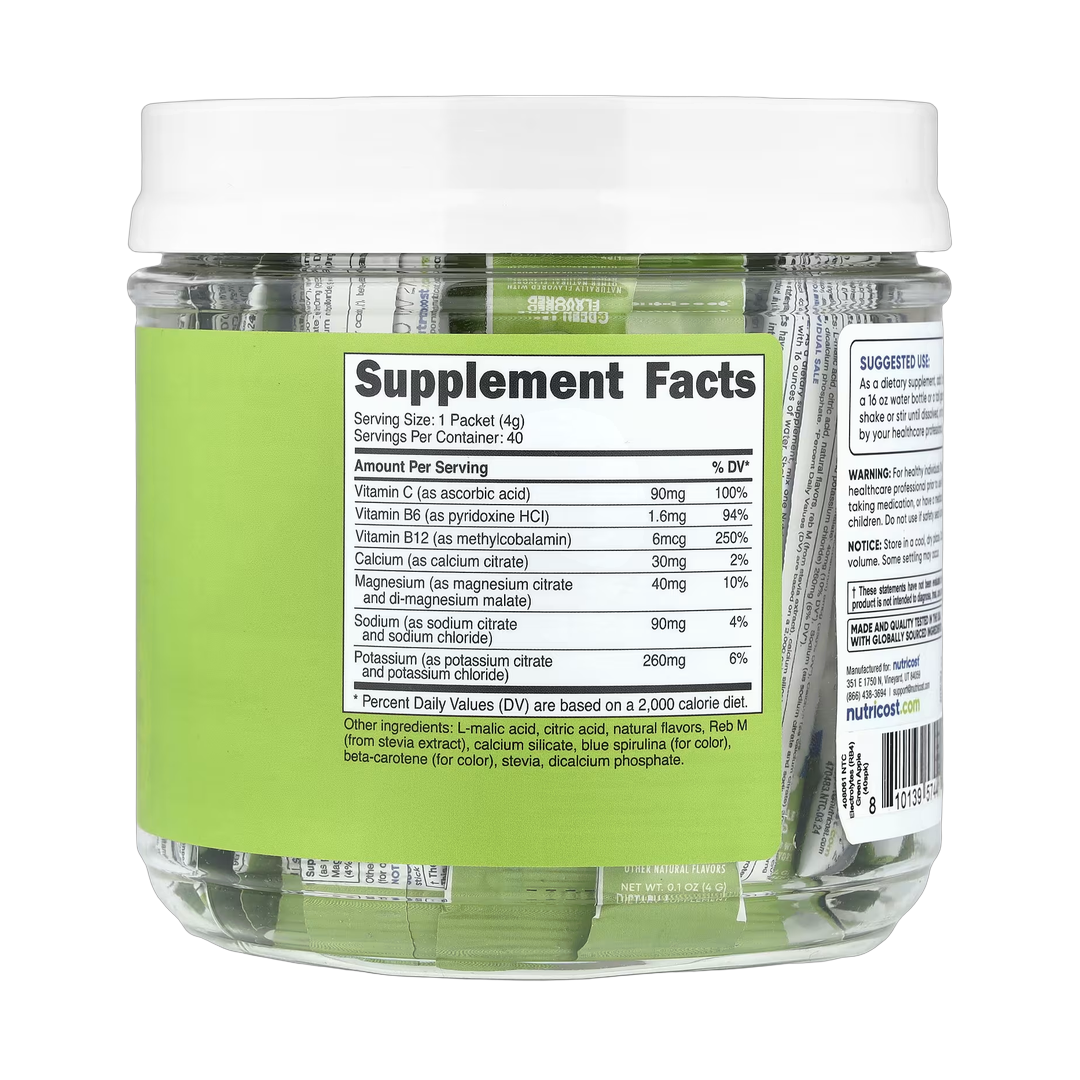 Nutricost, Electrolytes, Advanced Hydration Complex, Green Apple , 40 Stick Packs, 0.1 oz, (4 g) Each back packaging view