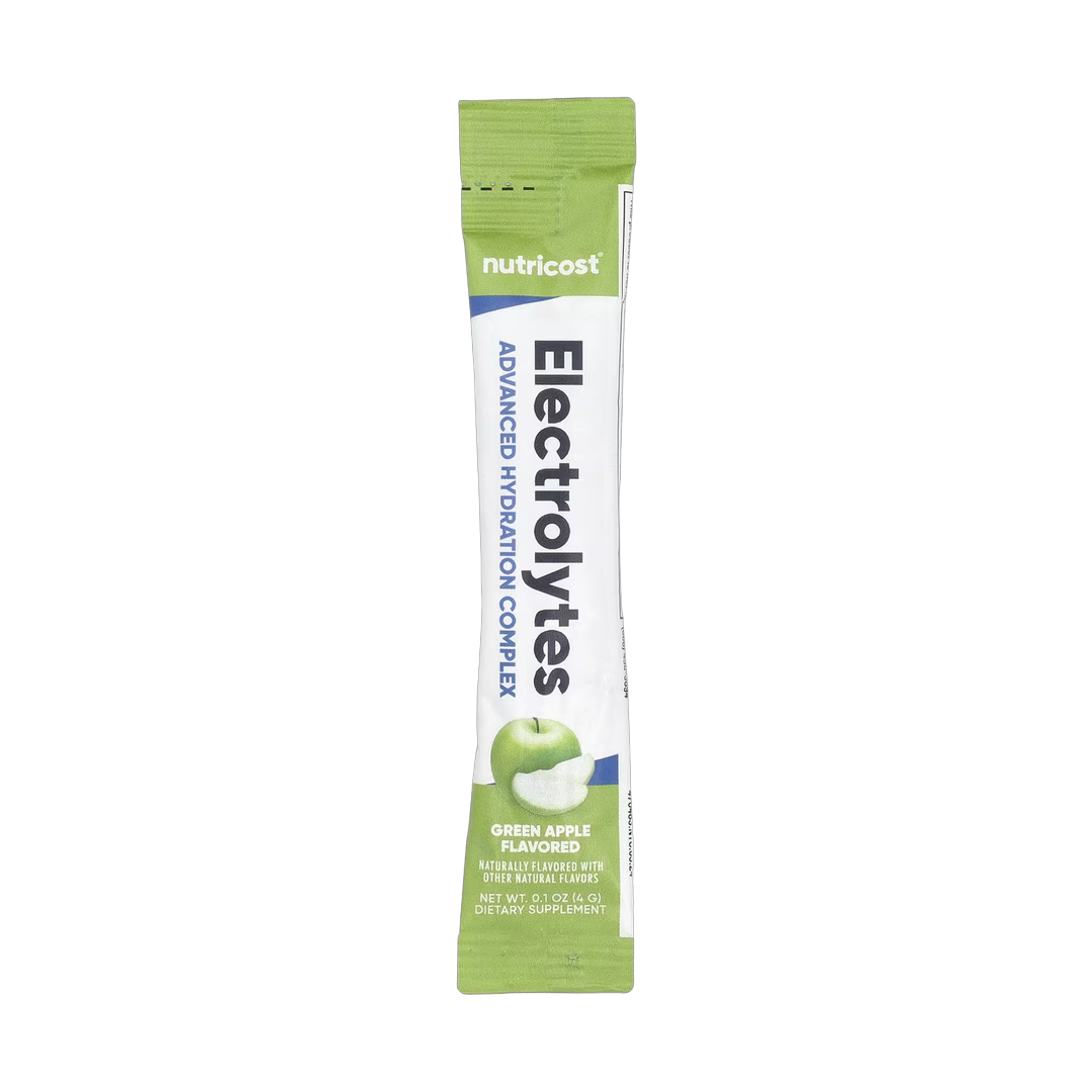 Nutricost, Electrolytes, Advanced Hydration Complex, Green Apple , 40 Stick Packs, 0.1 oz, (4 g) Each packaging side view