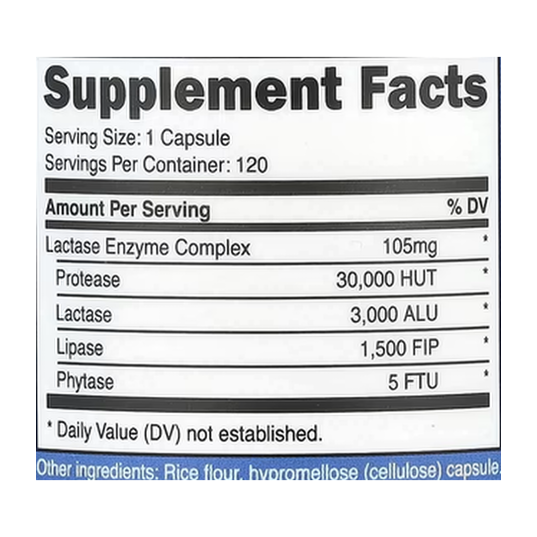 Nutricost, Lactase Enzyme Complex, 3,000 ALU, 120 Capsules supplement facts label showing ingredients, vitamins, minerals, and serving information